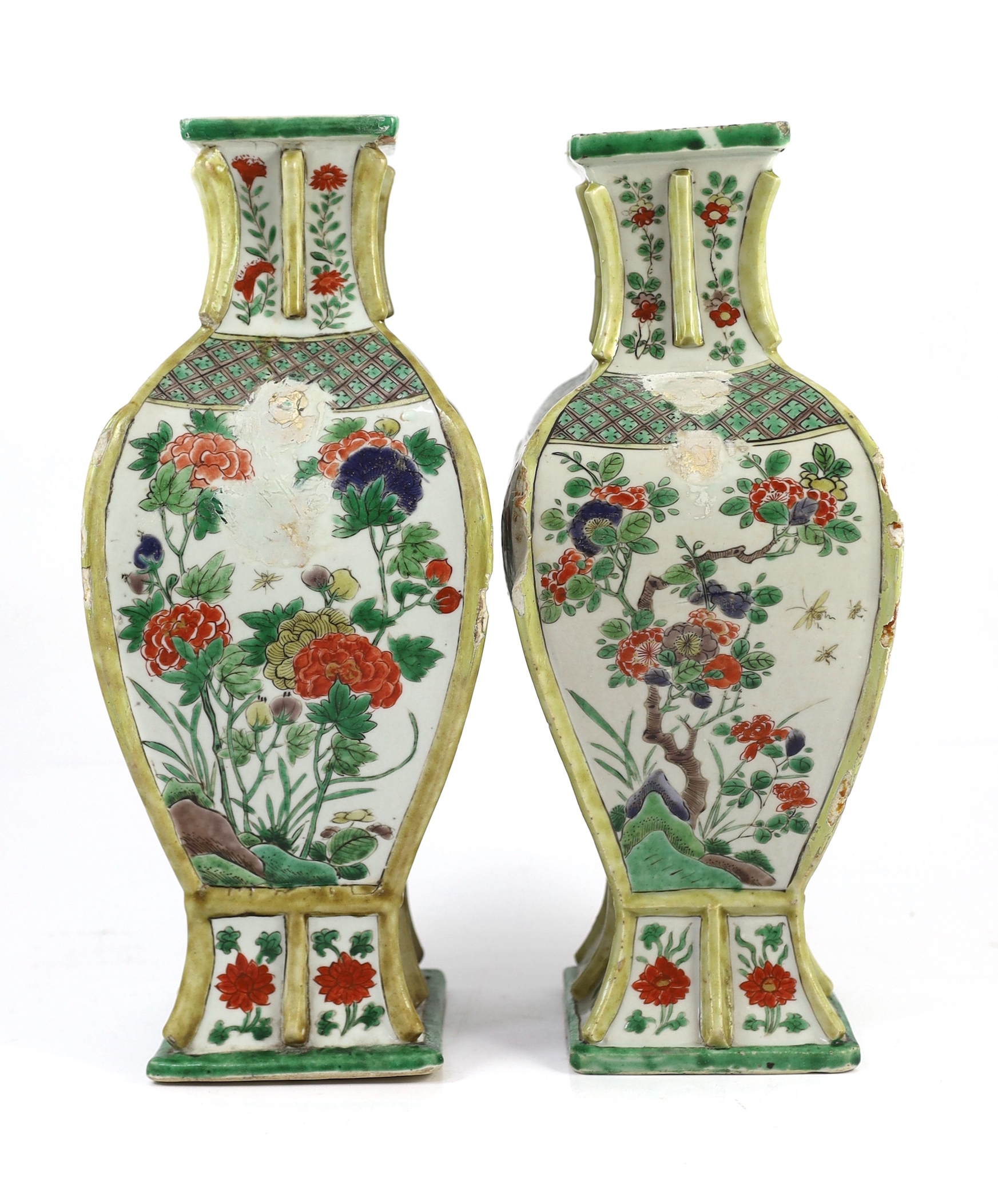 A pair of Chinese famille verte vases, fanghu, Kangxi period, losses and restorations